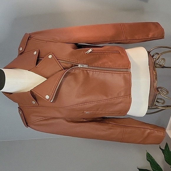 7 For All Mankind Brown Vegan Leather Lined Washable Moto Jacket - Size L - Picture 1 of 15